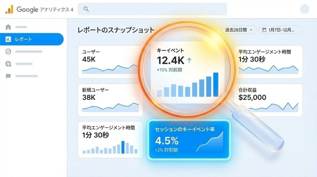  Googleアナリティクス4のレポート画面の模式図。「エンゲージメント」→「キーイベント」の項目がハイライトされており、セッションキーイベント率の数字が強調されている。