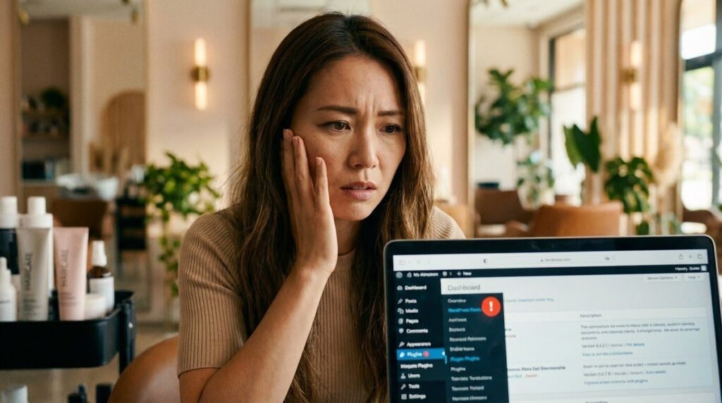 パソコンの画面を見つめながら、困った顔で頬に手を当てている女性サロンオーナー。画面にはWordPressの更新通知が表示されている。