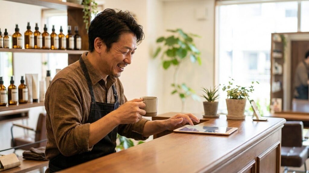 カフェのような落ち着いた美容室のカウンターで、タブレットを見ながら安堵の表情を浮かべる男性オーナー。