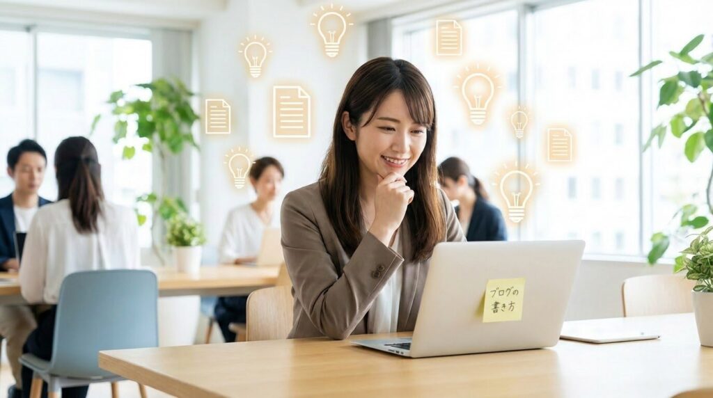 パソコンの前で「次は何を書こう」と悩む女性広報担当者と、その周りに広がるアイデアの電球アイコン