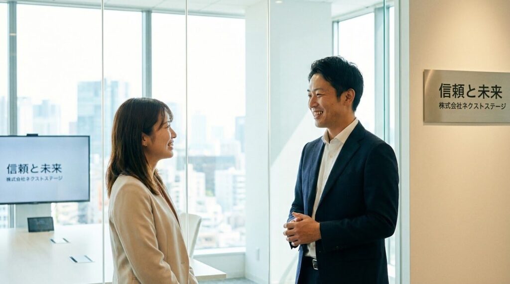 誠実そうなビジネスマンが笑顔で顧客と対話しており、その背後には透明性の高いガラス張りのオフィスが広がっている。