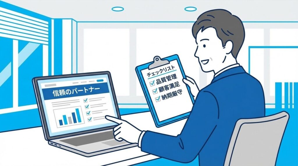 チェックリストを手に持ち、真剣な表情でWebサイトを見直している経営者のイラスト。