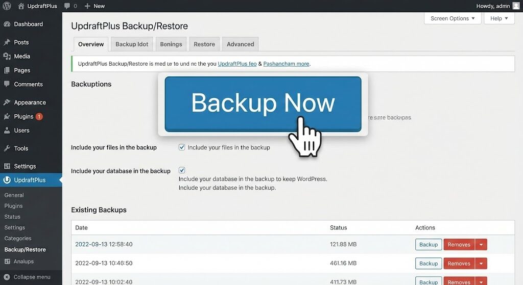  WordPressプラグイン「UpdraftPlus」の操作画面。「今すぐバックアップ」というボタンが強調されているスクリーンショット風イラスト。