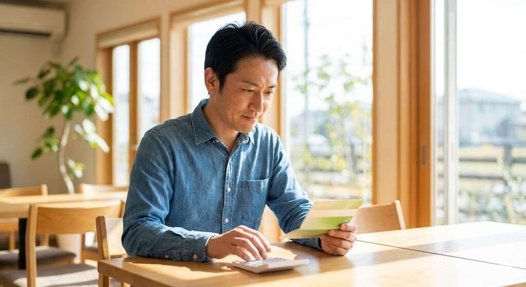 カフェのテーブルで、通帳を見ながら悩ましい表情を浮かべる飲食店オーナーの男性。手元には電卓がある。