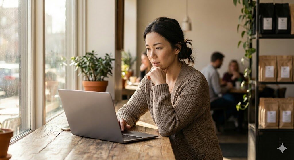 ノートパソコンで自社のホームページを編集しながら、少し困った顔をしている女性サロンオーナー