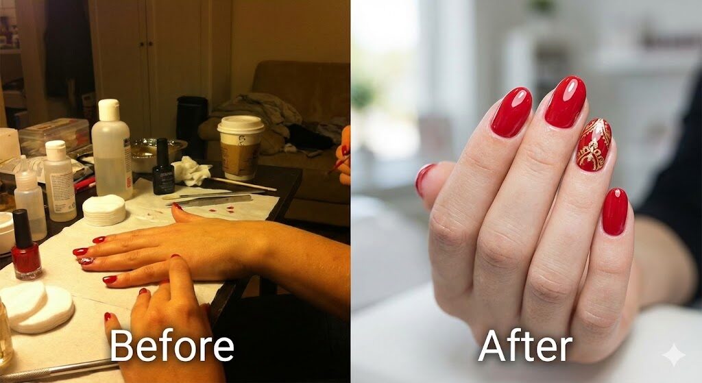 左側は背景が散らかって暗いネイル写真、右側は明るく手元にフォーカスされた美しいネイル写真の比較画像。