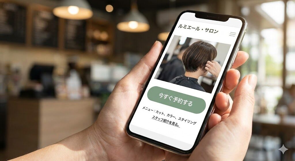 スマートフォンを片手で持っている女性。画面には見やすくデザインされた美容室の予約ページが表示されている