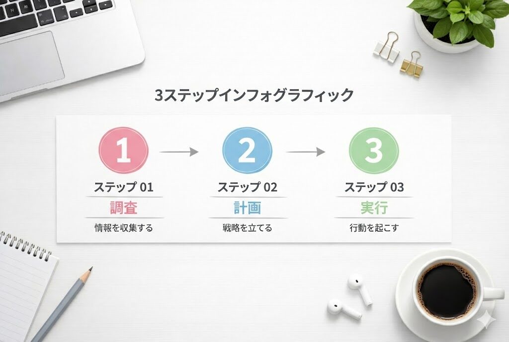 ステップ1（ネタ出し）、ステップ2（構成案）、ステップ3（下書き）と書かれたシンプルなフローチャート