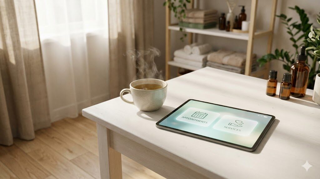 柔らかな光が差し込むサロンのデスクで、ハーブティーの横に置かれたタブレット。穏やかな雰囲気。