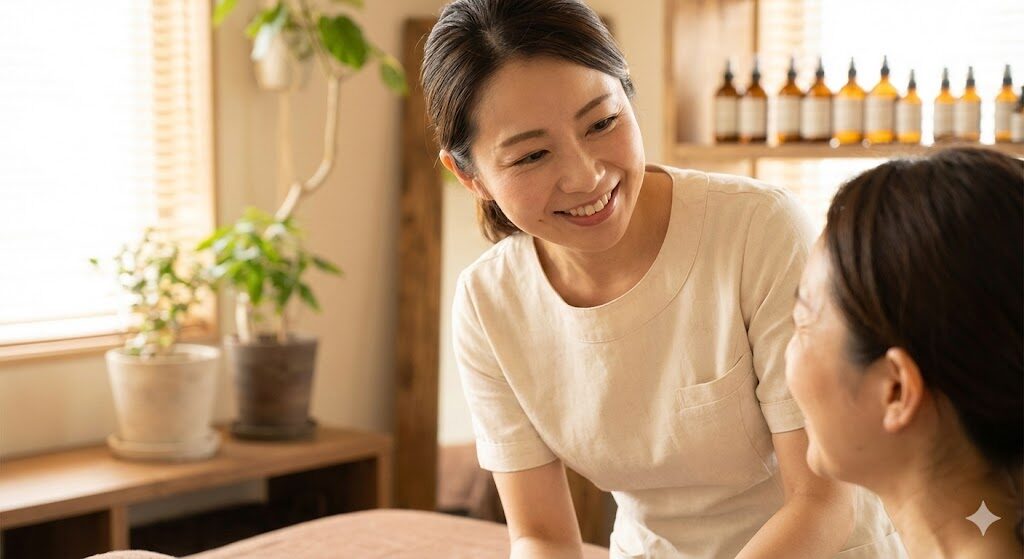 顧客にカウンセリングを行う、笑顔でゆとりのあるサロンオーナー