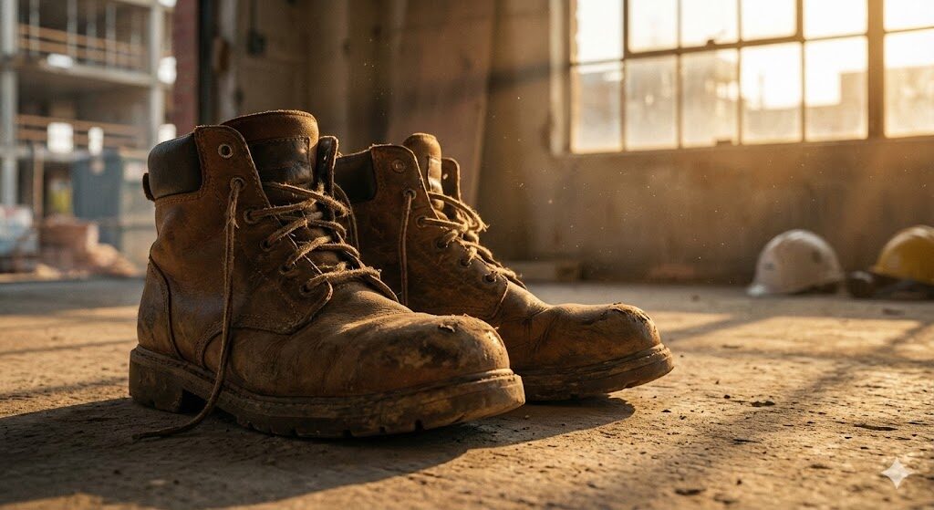 現場での仕事を終え、泥がついたまま置かれた安全靴と作業着の様子
