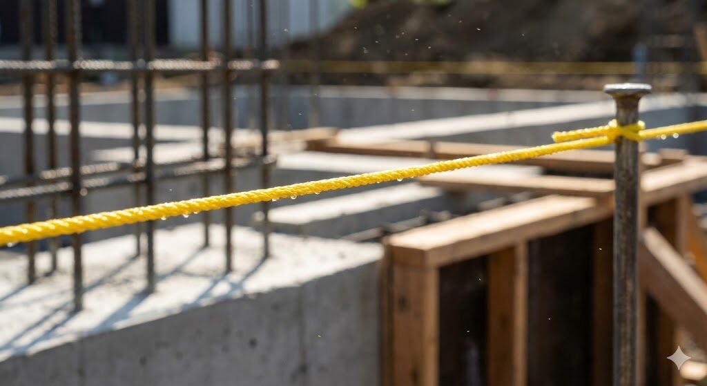 工事現場でピンと一直線に張られた黄色い水糸と、その基準に従って美しく組まれた基礎。