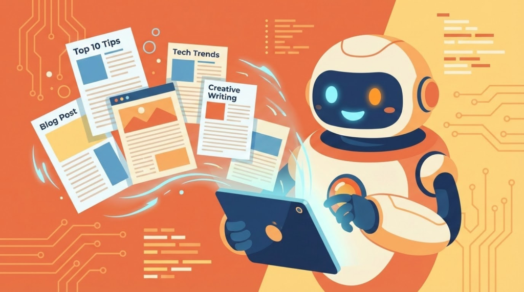 デジタル空間で散らばったブログ記事データを、AIアシスタントが綺麗に選別してノートにまとめているイラスト