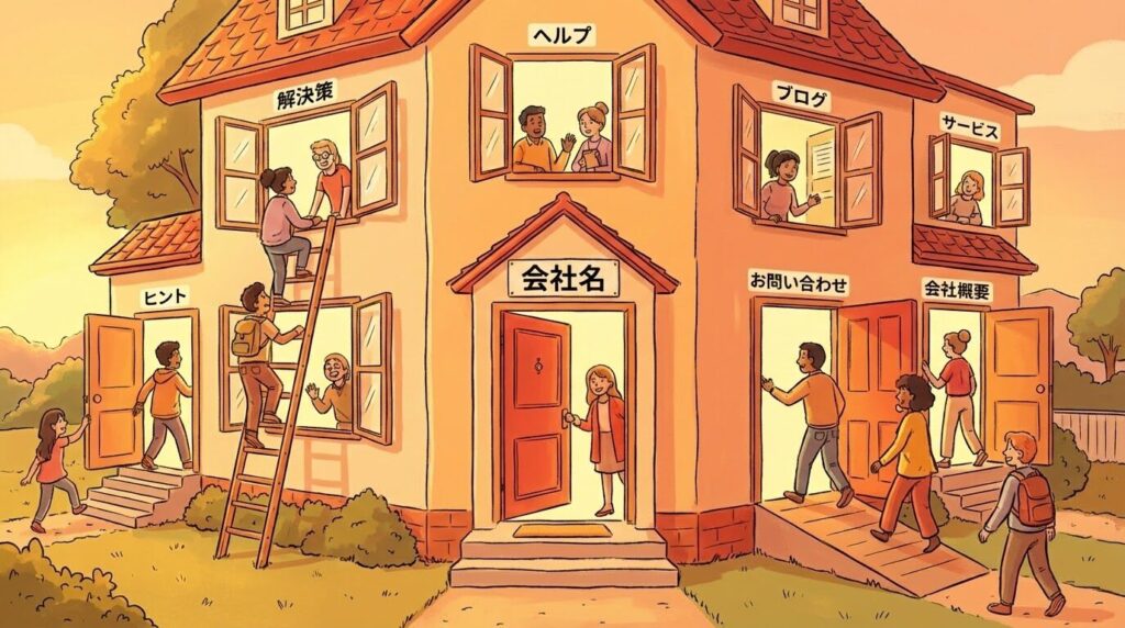 一つの扉（社名）だけでなく、たくさんの窓や扉（キーワード）が開かれていて、そこから多くの人が入ってくる家のイラスト。