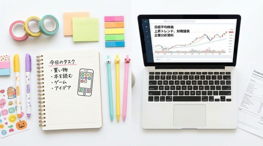 「学生向けのポップなデザインのメモ」と「ビジネス向けの整然としたグラフ」を左右に並べた比較イメージ