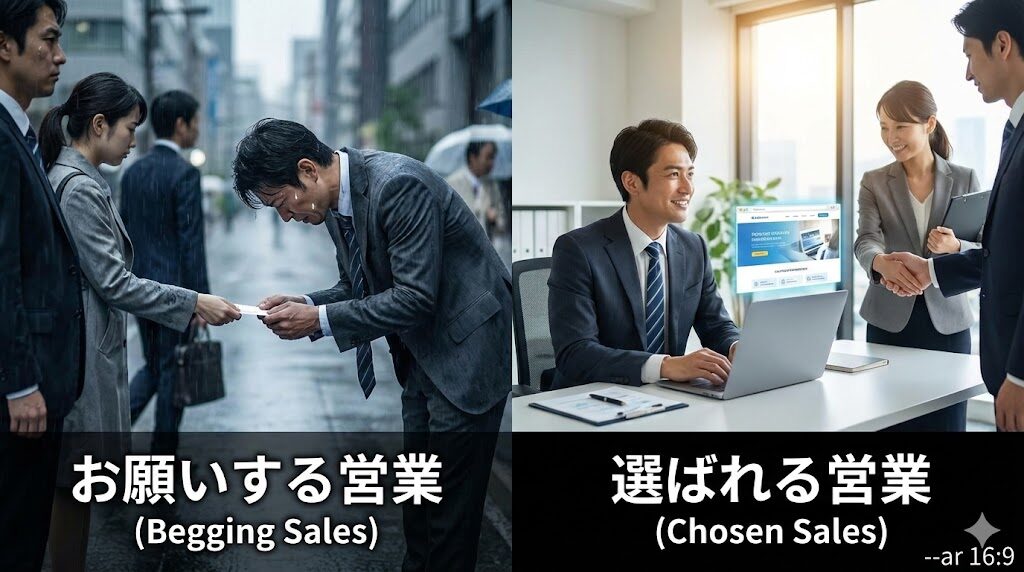 雨の中、傘を差さずに深く頭を下げて名刺交換をする営業マンの姿と、「お願いする営業」の文字。対照的に、明るいオフィスでノートパソコンに向かい、顧客と握手を交わす営業マンの姿と、「選ばれる営業」の文字が並べられている。