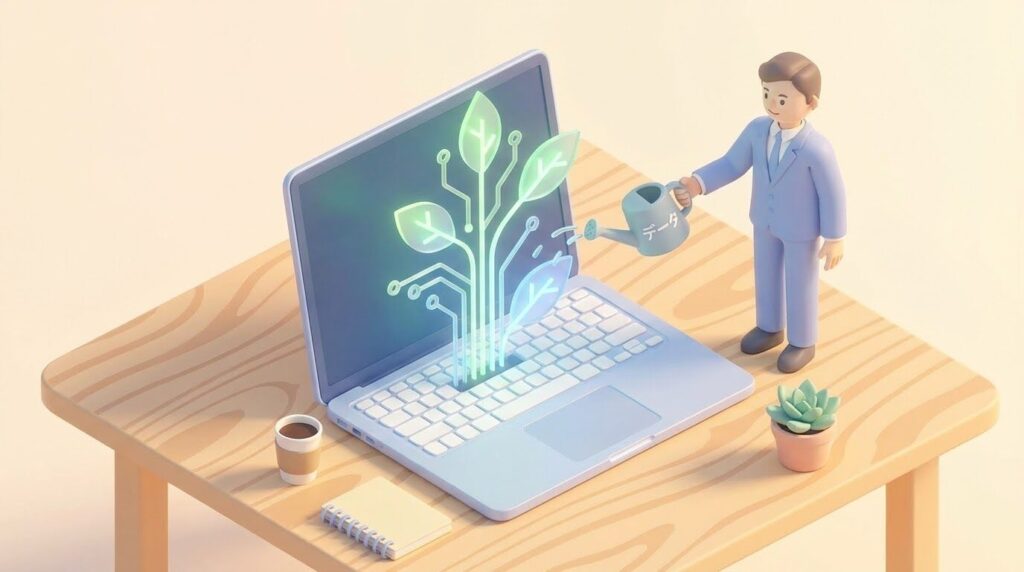 パソコンの画面から植物の芽が出てきており、それをビジネスパーソンが水やり（データ分析）をして育てているイラスト