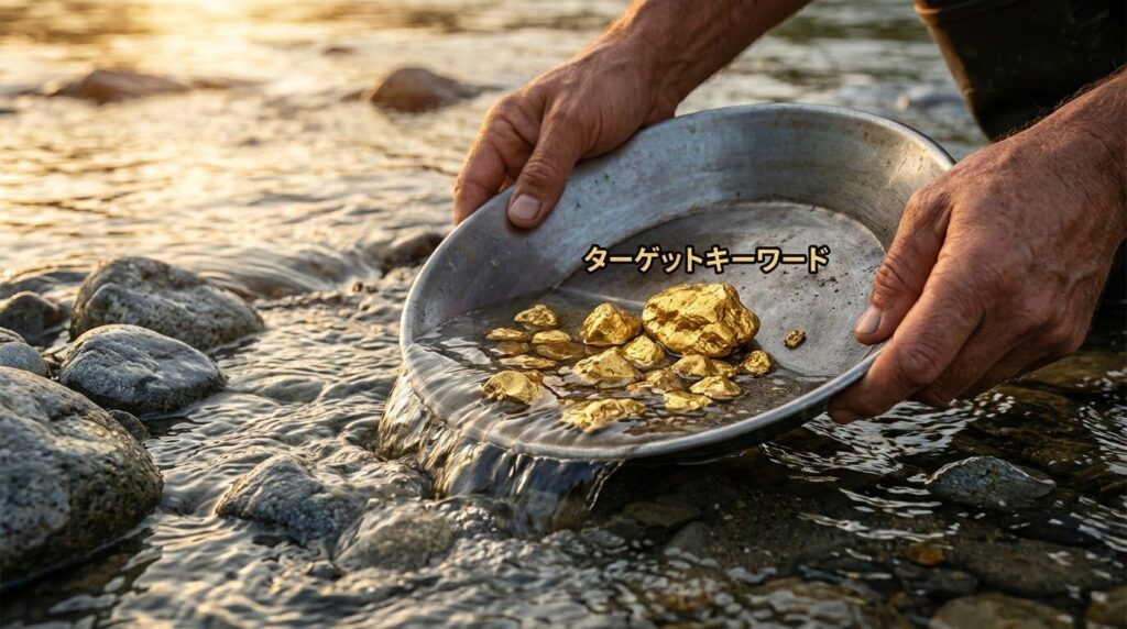 砂金採りのように、ザルのようなフィルターを使って、川底の砂利の中から「金塊(Gold)」だけを選別しているビジネスパーソンの手元アップ。