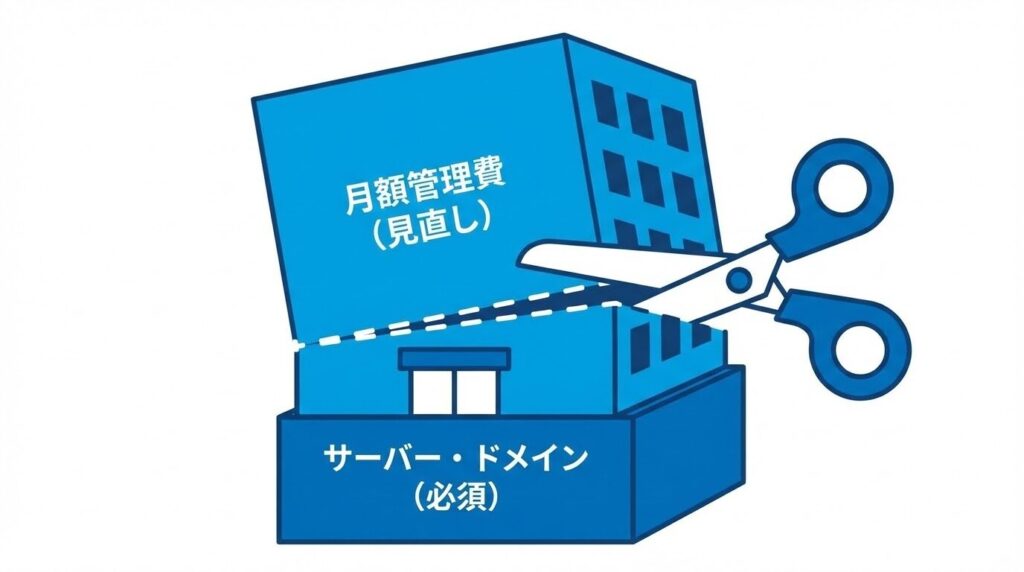 ホームページ維持費の構造図。土台となるサーバー・ドメイン費用の上に、大きなブロックとして「月額管理費」が乗っており、そこをハサミでカットしているイラスト。
