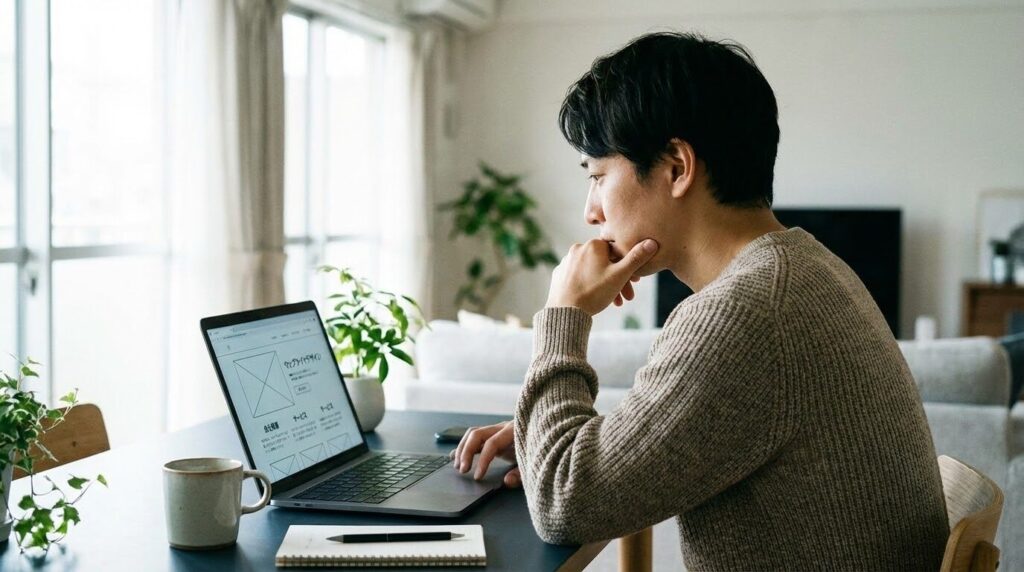 ノートパソコンを開いてWebサイトのデザインを確認しながら、少し困った表情で考え込んでいる30代の人物。デスク周りは整頓されており、モダンな雰囲気。