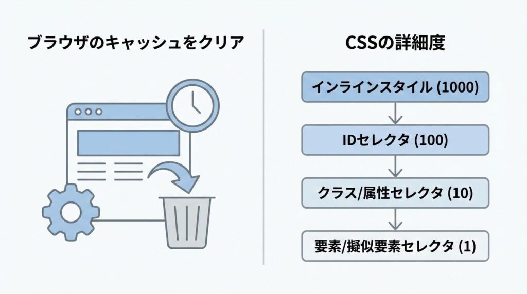 Webブラウザのキャッシュクリアの方法と、CSSの優先順位（詳細度）のイメージ図。