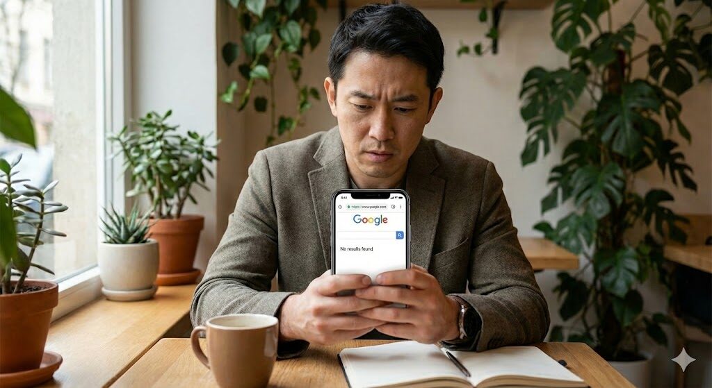 自分の店のホームページが検索結果に出てこず、スマホを片手に困った表情をしているカフェのオーナー