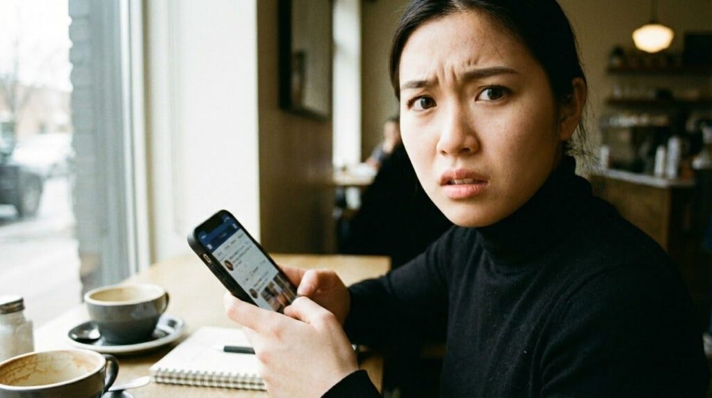カフェの店内で、スマートフォンを高速でスクロールさせながら、困った表情をしている女性客。画面にはSNSのタイムラインが表示されている。