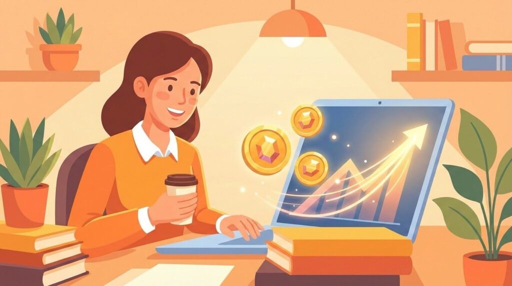 パソコン画面上のグラフから、輝く宝石やコインが見つかっているイラスト。驚きと喜びの表情を浮かべるWeb担当者。