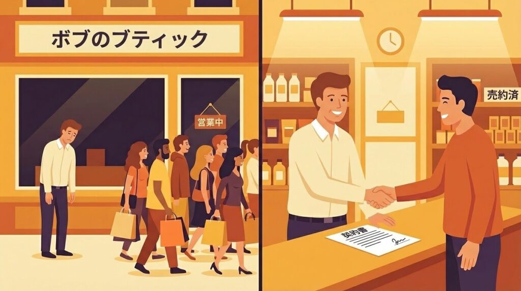 賑わう通りでお店を経営しているが、店内に客がおらず困っている店主と、一人のお客様と握手をして契約を結んでいる笑顔の店主の対比。