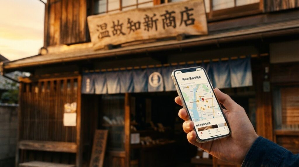 賑わう商店街にある老舗の店構えと、その前でスマートフォンを操作する若者の手元のコラージュ