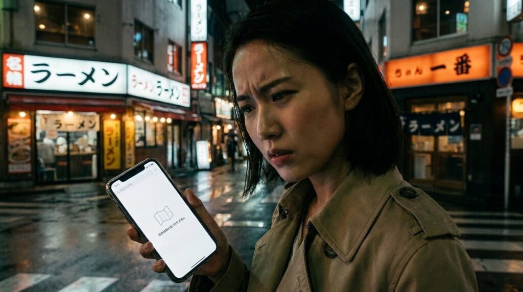 スマートフォンで検索をして、情報が見つからず困惑した表情を浮かべる女性