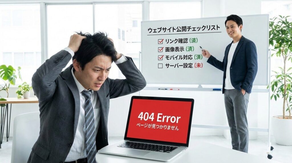 パソコンの画面に「404 Not Found」と表示され、困っているWeb担当者と、それをサポートするプロのイメージ。