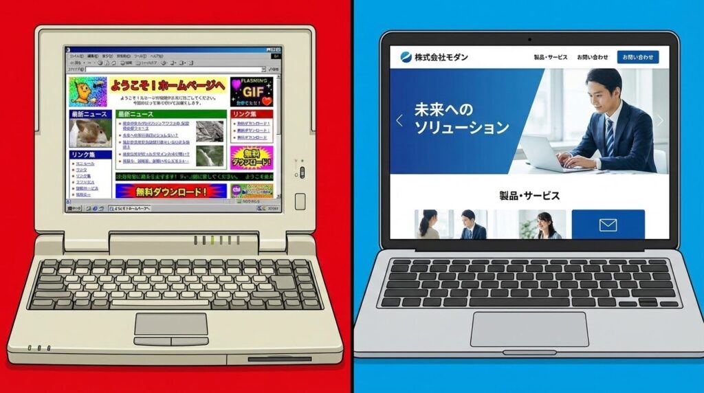 整理されていない古いデザインのウェブサイトと、整った現代的なウェブサイトの比較イメージ。