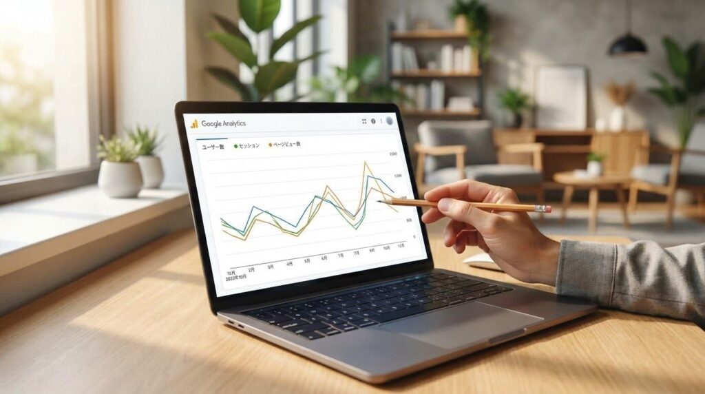 パソコン画面のアクセス解析グラフを指差しながら、チームで改善案を話し合う温かい雰囲気のオフィス風景。