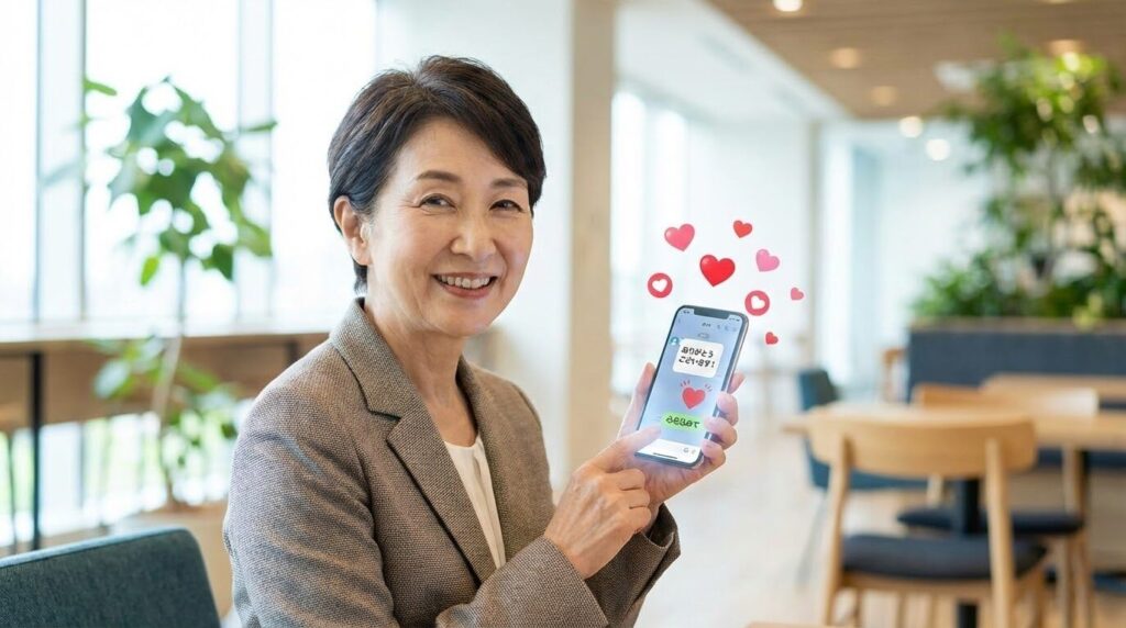 スマートフォンの画面から温かい光が溢れ、それを見ている店主とお客様が笑顔で繋がっているイメージ。