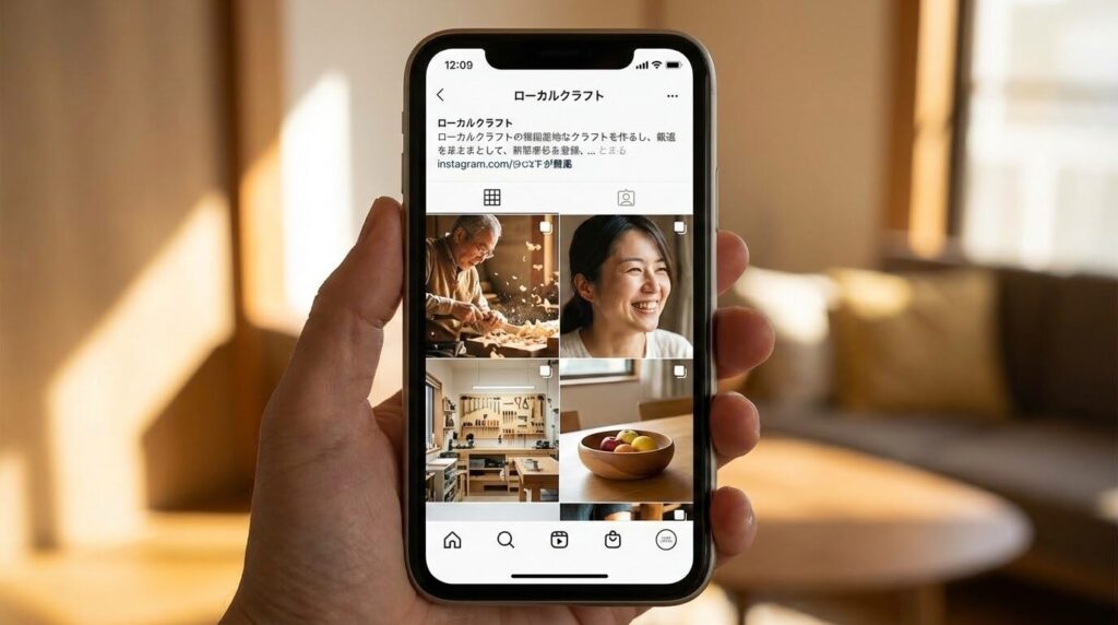 スマートフォンの中で、店主が作業している様子や笑顔の日常写真が並んでいる様子。