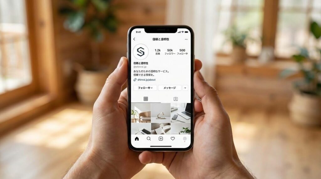 スマートフォンのプロフィール画面を真剣に、かつ嬉しそうに眺めている女性。画面には魅力的な自己紹介文とリンクが並んでいる。