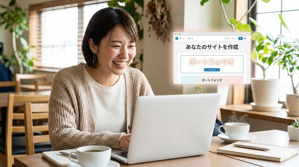 カフェのテーブルでパソコンを開き、楽しそうに自分のホームページを考える個人事業主のイメージ。