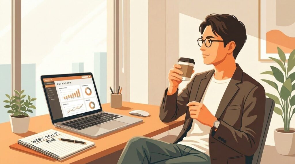 デスクで一息つくWEB担当者のイラスト。周囲には整理されたタスクメモが浮かんでいる