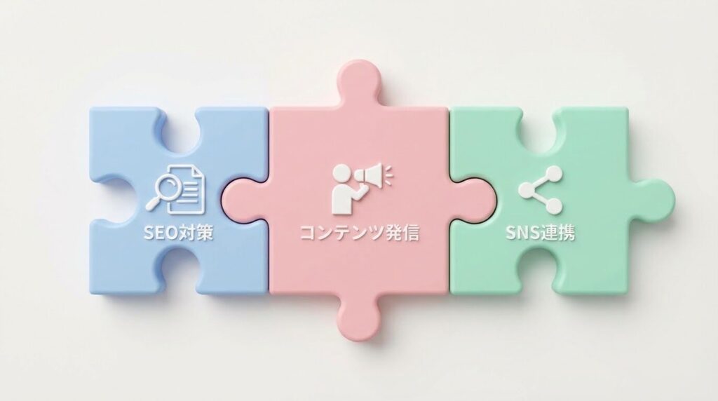 3つの異なるパズルのピースが組み合わさるイラスト。それぞれ「悩み解決」「事例」「想い」と書かれているイメージ。