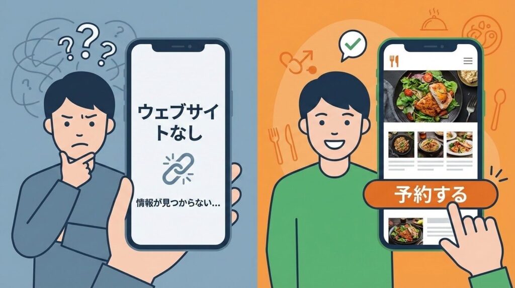 飲食店を探すユーザーが、HPがないことで離脱し他店へ流れるフローと、HPがあることで安心して予約に至るフローの比較図。