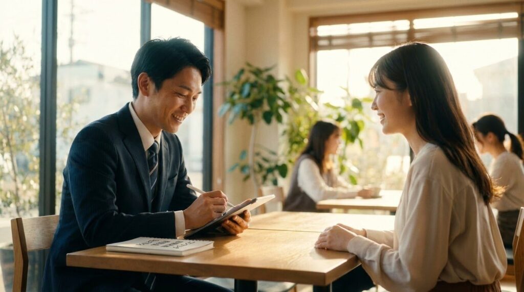 カフェでリラックスしながら顧客の相談に乗るビジネスパーソン。メモを取っている様子。